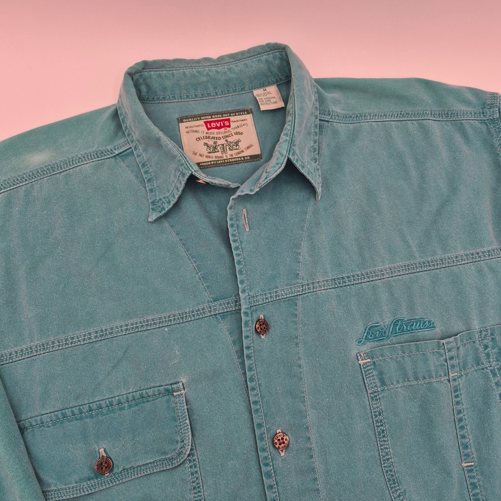 Vintage Levis Mens Button Down Shirt Teal Green Cotton Long Sleeve Size M
